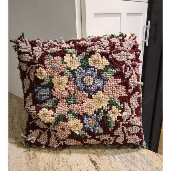 Vintage Wool Hook Handmade Floral Victorian Pillow 17x15" Red Pink Blue Green - Picture 1 of 12